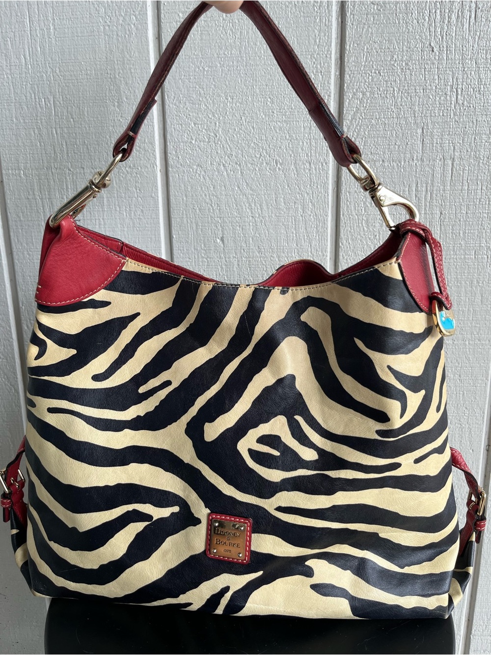 Dooney & Bourke Leather Zebra Print Large Hobo Bag with Red Trim